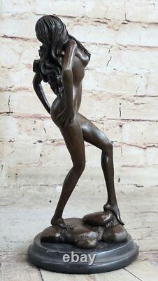 Sculpture Élégante De Fille Nue Statue En Bronze Marbre Signée Figure Art Déco