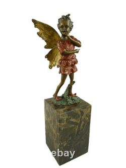 Sculpture Elfe coloré en bronze sur un socle en marbre verte d'après Milo