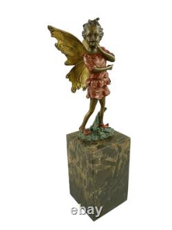 Sculpture Elfe coloré en bronze sur un socle en marbre verte d'après Milo