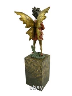 Sculpture Elfe coloré en bronze sur un socle en marbre verte d'après Milo