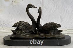 Sculpture En Bronze 100% Signée Milo Deux Beaux Cygnes Décoratifs En Marbre