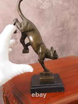 Sculpture En Bronze Chat Sur L'Escalier Signée, Fait Main, Socle En Marbre