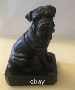 Sculpture En Bronze Chien Bouledogue Avec Base En Marbre Signé