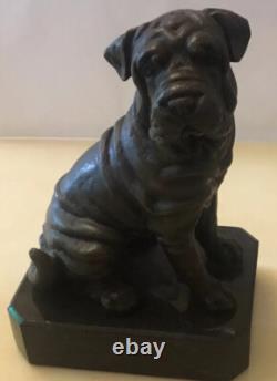 Sculpture En Bronze Chien Bouledogue Avec Base En Marbre Signé