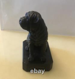 Sculpture En Bronze Chien Bouledogue Avec Base En Marbre Signé