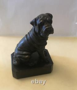 Sculpture En Bronze Chien Bouledogue Avec Base En Marbre Signé