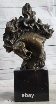 Sculpture En Bronze De Cheval Étalon Sur Socle En Marbre Figurine Art Signée M