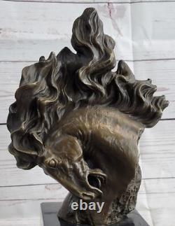 Sculpture En Bronze De Cheval Étalon Sur Socle En Marbre Figurine Art Signée M