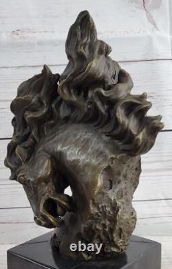 Sculpture En Bronze De Cheval Étalon Sur Socle En Marbre Figurine Art Signée M