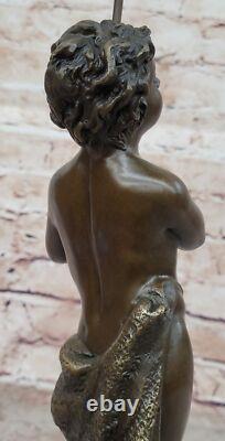 Sculpture En Bronze De Garçon Nu Signée, Statue Art Déco Sur Socle En Marbre