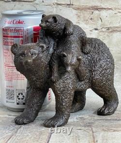 Sculpture En Bronze Statue Signée Originale Ours Noir Mère Ourson Art En Marbre