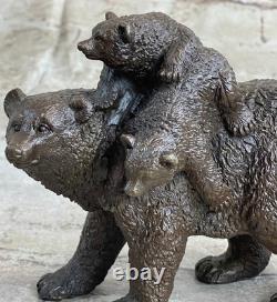 Sculpture En Bronze Statue Signée Originale Ours Noir Mère Ourson Art En Marbre