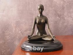 Sculpture En Bronze Yoga Sur Socle En Marbre Signée Paris, Art Déco, 13 Cm