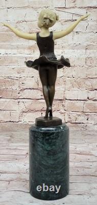 Sculpture Figurine Statue En Marbre Vert Bronze De Ballerine Jeune Fille Signée