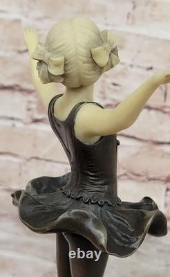 Sculpture Figurine Statue En Marbre Vert Bronze De Ballerine Jeune Fille Signée
