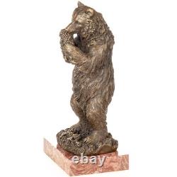 Sculpture Ours avec grippe en bronze sur un socle en marbre rouge d'après Milo