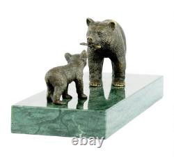 Sculpture Ours avec son Petit Ourson en bronze sur un marbre verte d'après Milo