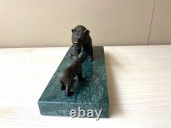 Sculpture Ours avec son Petit Ourson en bronze sur un marbre verte d'après Milo