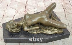Sculpture Statue Figurine Bronze Nue Chaude Signée Femme Sur Base En Marbre