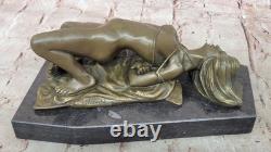 Sculpture Statue Figurine Bronze Nue Chaude Signée Femme Sur Base En Marbre