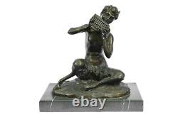 Sculpture Statue Original Signé Satyre Joue Un Flûte Tuyau Marbre Figurine Bronz