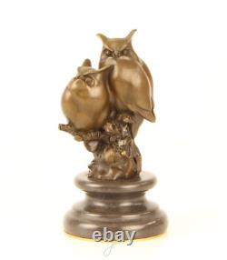 Sculpture de deux hibou en bronze sur un socle en marbre d'après L. Bistolfi