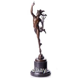 Sculpture en bronze Mercure sur un socle en marbre noir d'après Giambologna