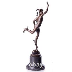 Sculpture en bronze Mercure sur un socle en marbre noir d'après Giambologna