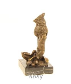 Sculpture en bronze Oiseau Cardinal du Nord sur socle en marbre Signée