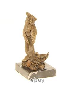 Sculpture en bronze Oiseau Cardinal du Nord sur socle en marbre Signée