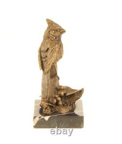 Sculpture en bronze Oiseau Cardinal du Nord sur socle en marbre Signée