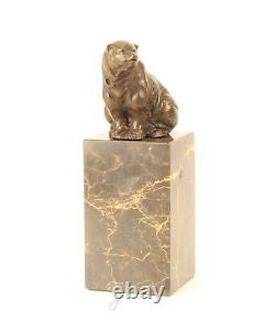 Scupture En Bronze D'un Ours Assis Sur Un Marbre Vintage