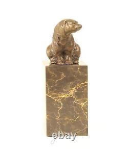 Scupture En Bronze D'un Ours Assis Sur Un Marbre Vintage