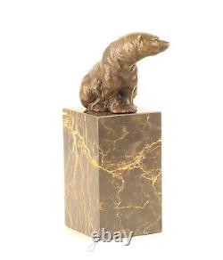 Scupture En Bronze D'un Ours Assis Sur Un Marbre Vintage