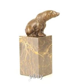 Scupture En Bronze D'un Ours Assis Sur Un Marbre Vintage