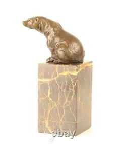 Scupture En Bronze D'un Ours Assis Sur Un Marbre Vintage