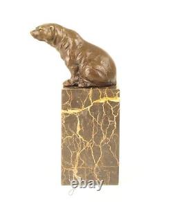 Scupture En Bronze D'un Ours Assis Sur Un Marbre Vintage