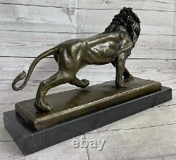 Séduisant Mâle Lion Solide Bronze Sur Marbre Signée M Lopez Superbe Grand Cadeau
