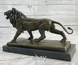 Séduisant Mâle Lion Solide Bronze Sur Marbre Signée M Lopez Superbe Grand Cadeau