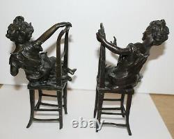 Serre-Livres Petites Filles Chaises Bronze Certifié Rare Signé Franz
