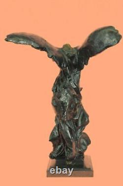 Signé Ailé De Victoire Samothrace Bronze Sculpture Sur Marbre Base Figure Décor