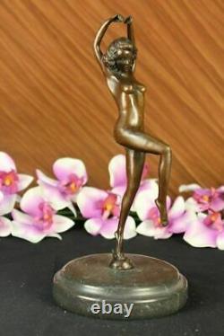 Signé Art Déco Chair Fille Danseuse Bronze Statue Marbre Socle Figurine Grand