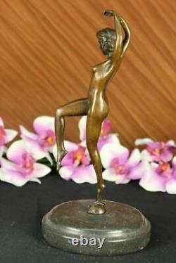 Signé Art Déco Chair Fille Danseuse Bronze Statue Marbre Socle Figurine Grand
