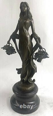 Signé Art Déco Jeune Femme Avec Paniers De Fruit Bronze Marbre Statue Figurine