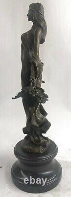 Signé Art Déco Jeune Femme Avec Paniers De Fruit Bronze Marbre Statue Figurine