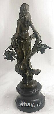 Signé Art Déco Jeune Femme Avec Paniers De Fruit Bronze Marbre Statue Figurine