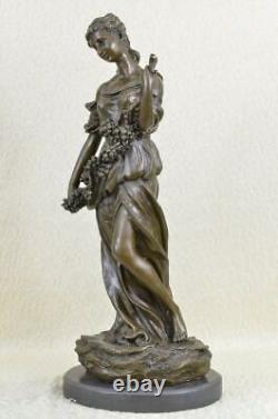 Signé Art Déco Jeune Femme Avec de Long Tige Fruit Bronze Marbre Statue Cadeau