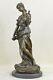 Signé Art Déco Jeune Femme Avec De Long Tige Fruit Bronze Marbre Statue Cadeau