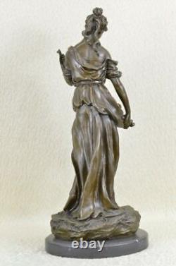 Signé Art Déco Jeune Femme Avec de Long Tige Fruit Bronze Marbre Statue Cadeau