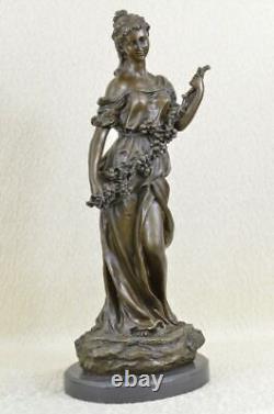 Signé Art Déco Jeune Femme Avec de Long Tige Fruit Bronze Marbre Statue Cadeau